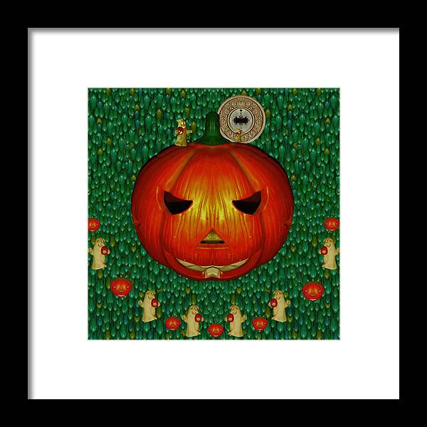 Pumpkin Framed Print featuring the mixed media Pumpkin Under The Moon Having Festive With Smiling Ghosts by Pepita Selles