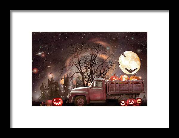 Truck Framed Print featuring the photograph Pumpkins under the Halloween Country Moon by Debra and Dave Vanderlaan