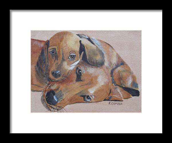 Pets Framed Print featuring the painting Puppies Cuddling by Kathie Camara