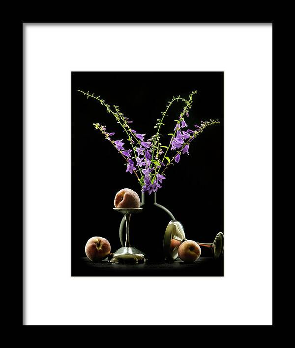 Still Life Framed Print featuring the photograph Purple Bells and Peaches by Maggie Terlecki