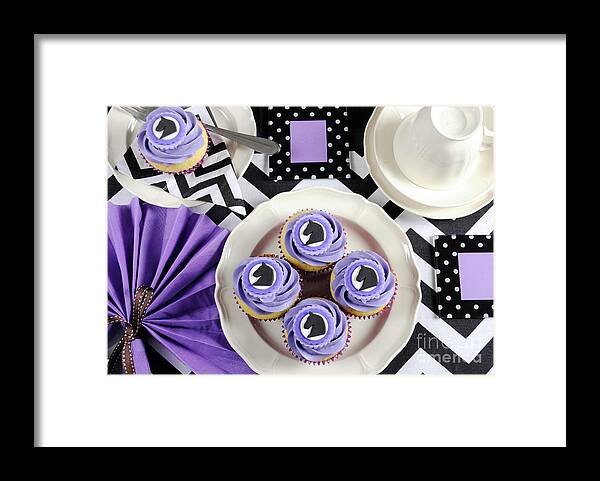 ;black; Framed Print featuring the photograph Purple, black and white theme Racing Carnival party table. by Milleflore Images