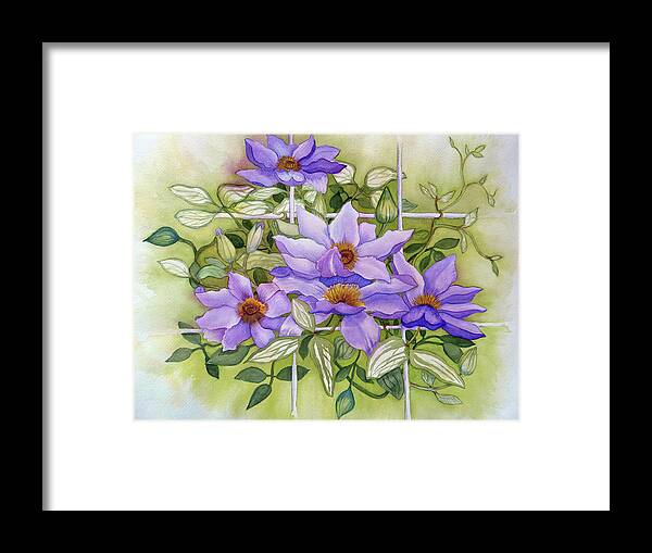 Flowers On Trellis Framed Print featuring the painting Purple Clematis Jackmanii On White Trellis by Deborah League