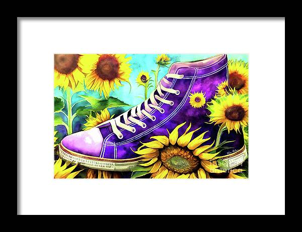 Sneakers Framed Print featuring the painting Purple High Tops And Sunflowers by Tina LeCour
