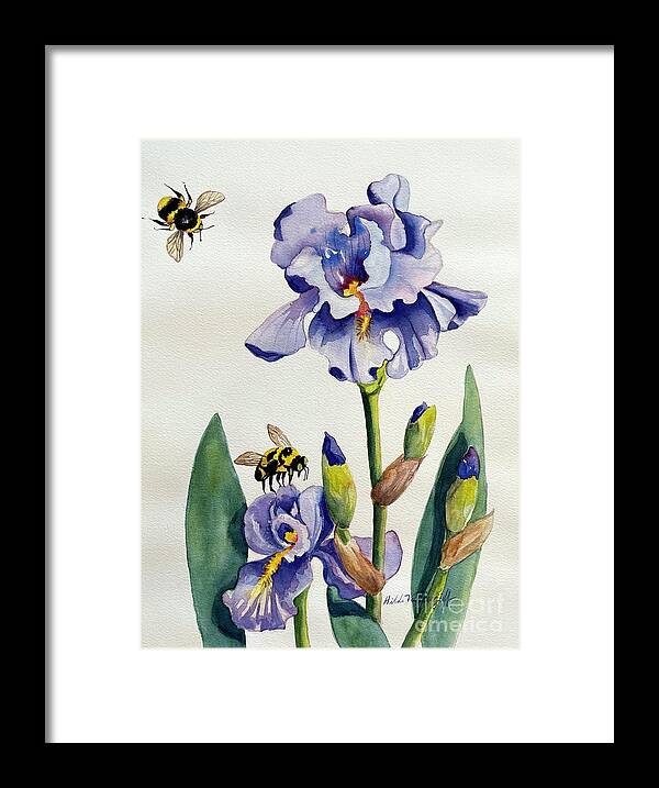 Purple Framed Print featuring the painting Purple Iris and Bees by Hilda Vandergriff