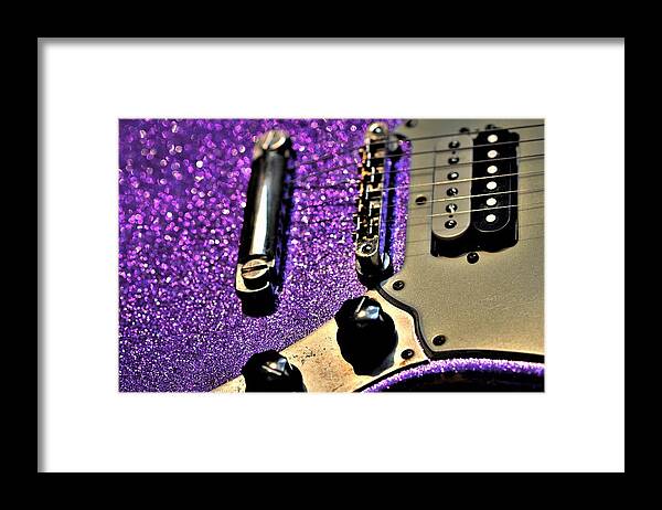 Fender Framed Print featuring the photograph Fender Mustang Guitar Purple Lavender Sparkle Vintage by Guitarwacky Fine Art