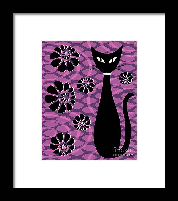 Abstract Cat Framed Print featuring the digital art Purple Pink Mod Cat 2 by Donna Mibus