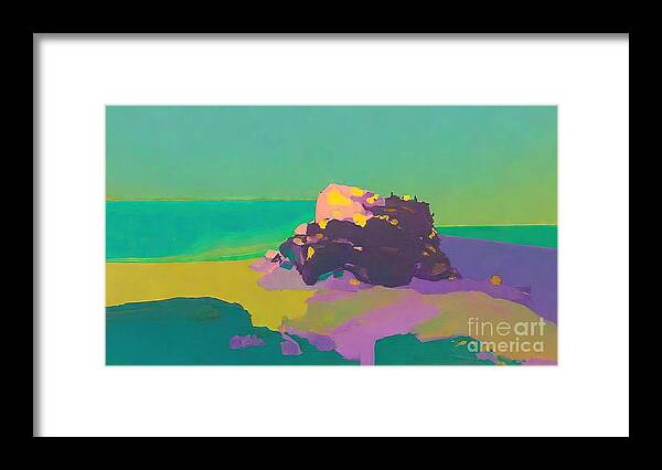 Purple Framed Print featuring the painting Purple sky Painting purple rock sea seaside shadow sky summer su by N Akkash