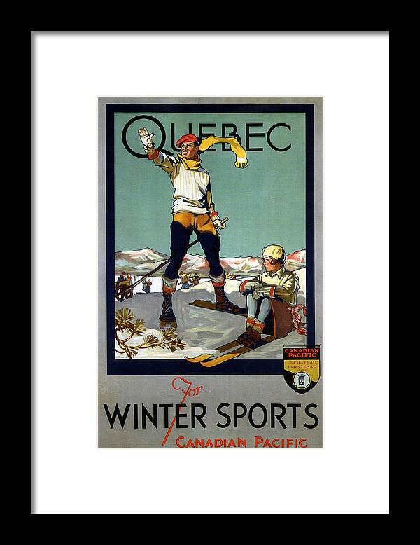 Quebec Framed Print featuring the mixed media Quebec for Winter Sports - Canadian Pacific - Retro travel Poster - Vintage Poster by Studio Grafiikka