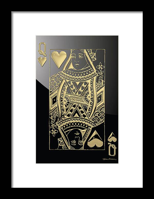 'gamble' Collection By Serge Averbukh Framed Print featuring the digital art Queen of Hearts in Gold on Black by Serge Averbukh