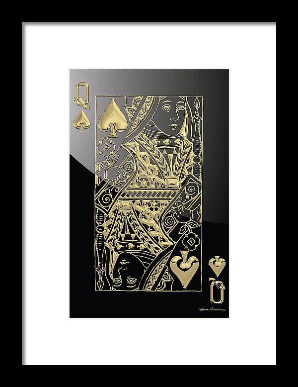 'gamble' Collection By Serge Averbukh Framed Print featuring the digital art Queen of Spades in Gold on Black  by Serge Averbukh