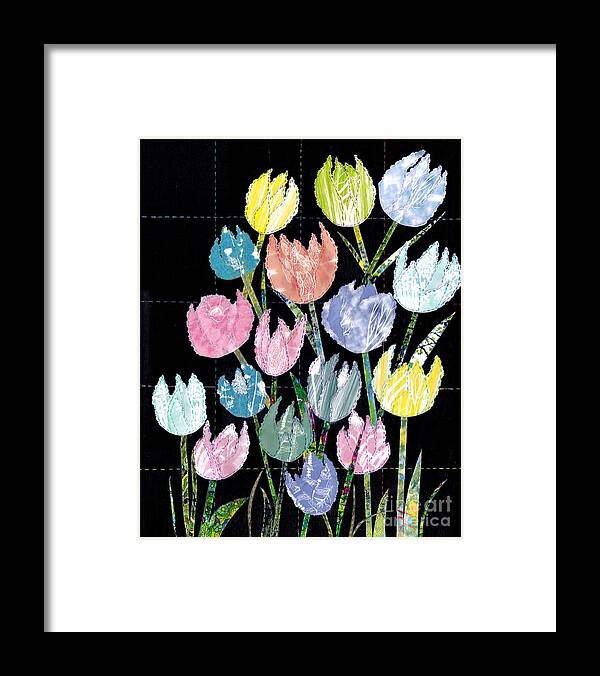 Tulips Framed Print featuring the mixed media Quilting My Past Recycling My Dreams Tulip Quilt 2 by Conni Schaftenaar