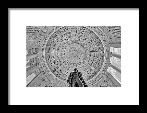 Jefferson Memorial Framed Print featuring the photograph Quotes on the Jefferson Memorial H bw by Susan Candelario