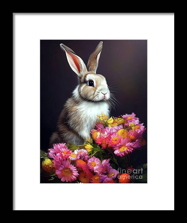 Rabbit Framed Print featuring the digital art Rabbit and Flowers by Elaine Manley