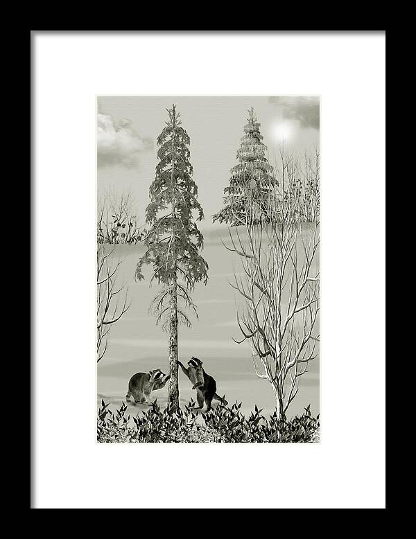 Raccoon Framed Print featuring the mixed media Raccoons in the Wild Winter Forest by David Dehner