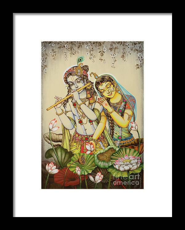 Krishna Framed Print featuring the painting Radha Krishna with lotus by Vrindavan Das