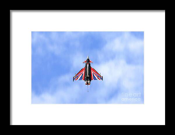 Raf Framed Print featuring the photograph RAF Typhoon Eurofighter union jack flying by Simon Bratt