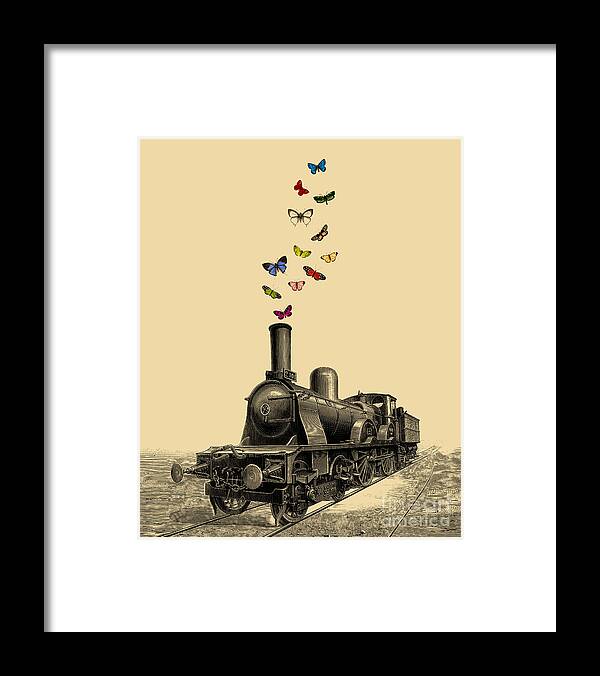 Steam Locomotive Framed Print featuring the digital art Railroad Butterflies by Madame Memento