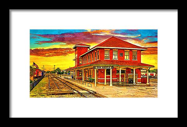 Railway Museum Framed Print featuring the digital art Railway Museum of San Angelo, Texas, at sunset - digital painting by Nicko Prints