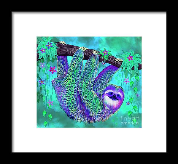 Sloth Framed Print featuring the digital art Rain Forest Flowers Sloth by Nick Gustafson