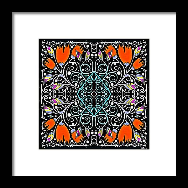 Rainbow Framed Print featuring the mixed media Rainbow Leaves and Orange Flowers Attached to a Turquoise Diamond by Lise Winne