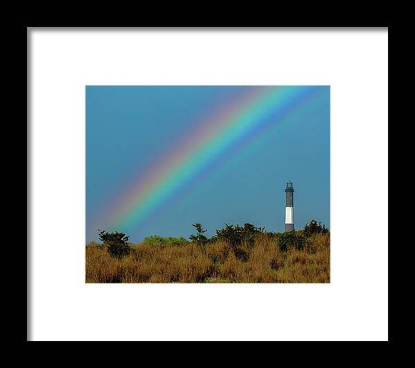 Lighthouse Framed Print featuring the photograph Rainbow Over Fire Island Lighthouse by Cathy Kovarik