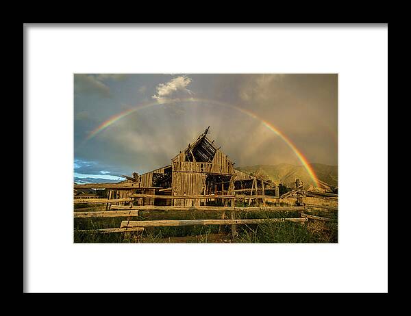 Barn Framed Print featuring the photograph Rainbow over Mapleton Barn by Wesley Aston