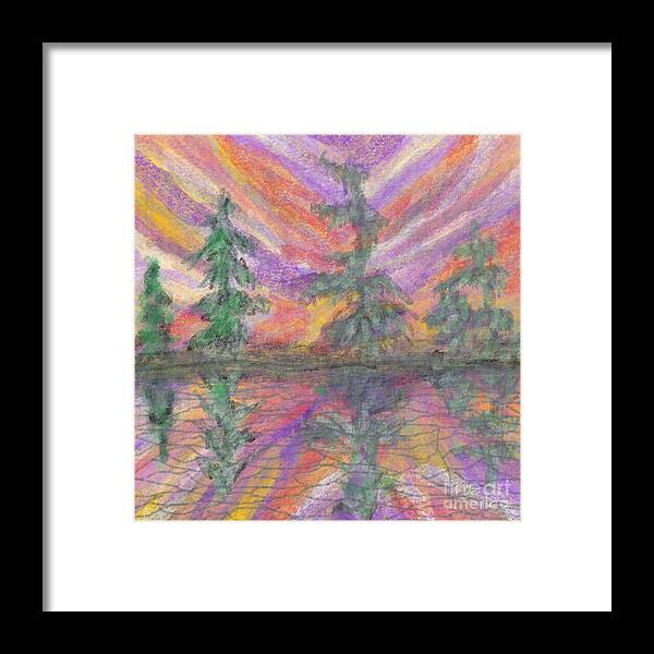 Rainbow Sunset Landscape Abstract Pastel Bag Pillow Cushion Trees Nature Lobby Framed Print featuring the painting Rainbow Sky Landscape by Bradley Boug