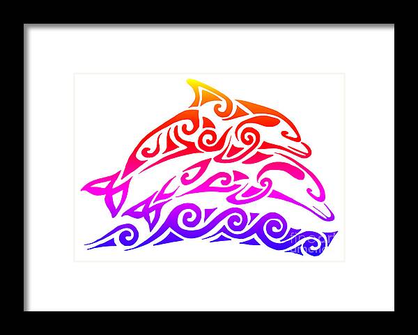 Dolphin Framed Print featuring the mixed media Rainbow Tribal Dolphins by Rebecca Wang
