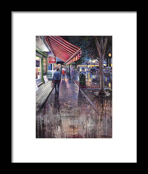 Bar Harbor Framed Print featuring the painting Rainy Night in Bar Harbor by Fred Carrow