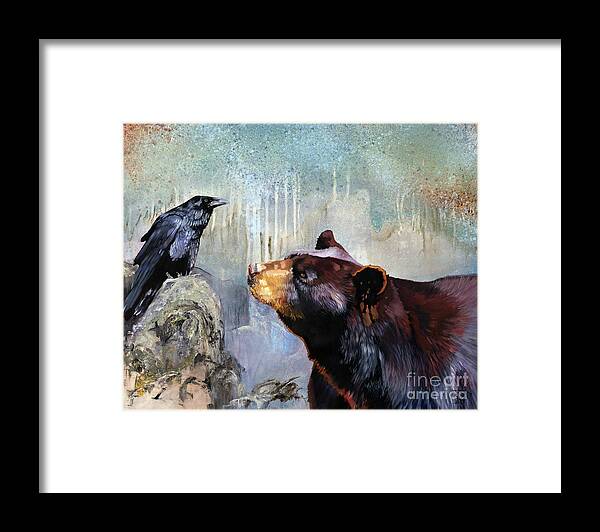 Raven Framed Print featuring the painting Raven and the Bear by J W Baker