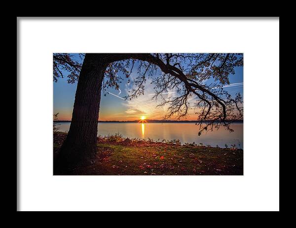 Oak Lake Lake Waubesa Wi Wisconsin Fishing Sunrise Fall Framed Print featuring the photograph Reaching Out - oak tree reaching over Lake Waubesa in autumn sunset by Peter Herman