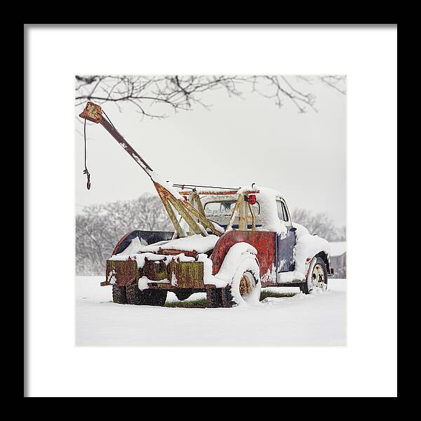 Tow Truck Framed Print featuring the photograph Ready for Action - Vintage tow truck at Olson's Auto Exchange near Stoughton WI by Peter Herman