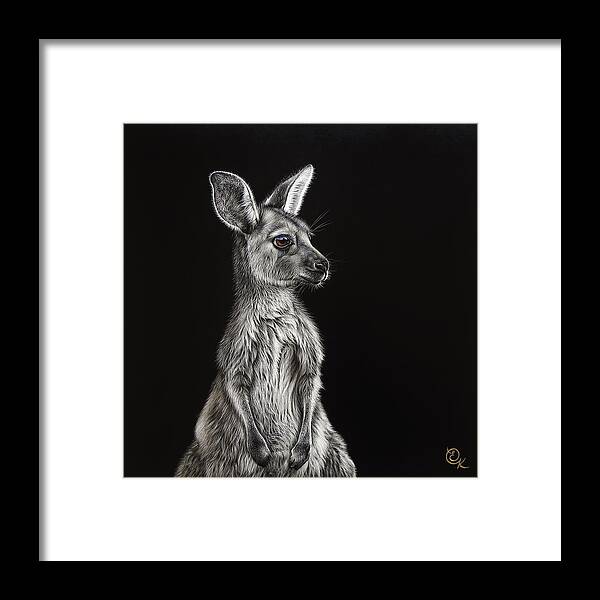 Grey Kangaroo Framed Print featuring the mixed media Ready for adventure by Elena Kolotusha
