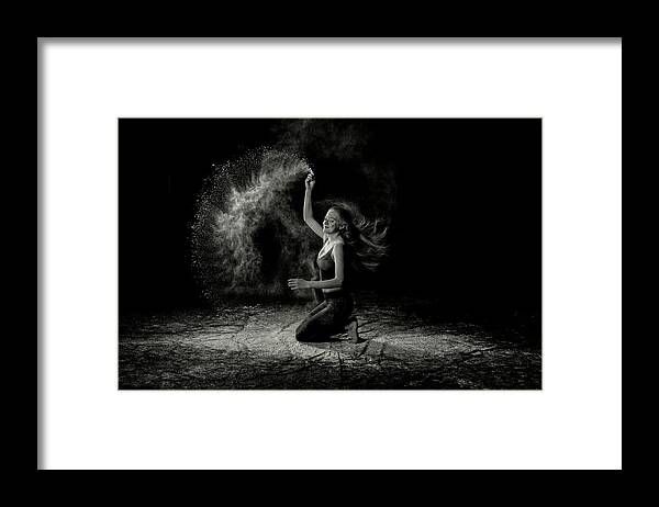 Reagan Framed Print featuring the photograph Reagan hand toss flour black and white by Dan Friend