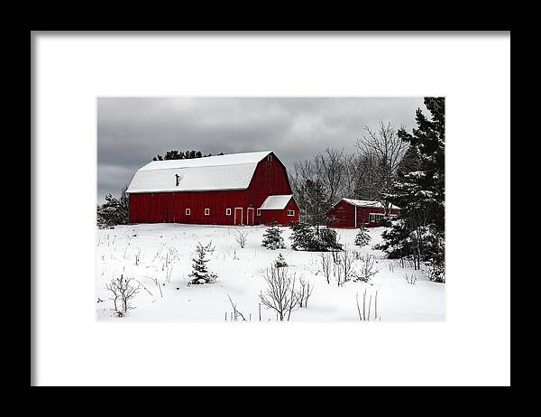 Snow Framed Print featuring the photograph Red Barn in the Snow by David T Wilkinson