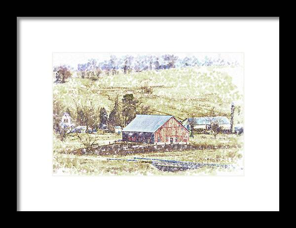 Farm Framed Print featuring the digital art Red Barn In The Valley by Kirt Tisdale