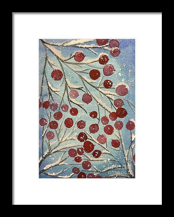 Red Berries Framed Print featuring the painting Red Berries in Snow by Lisa Neuman