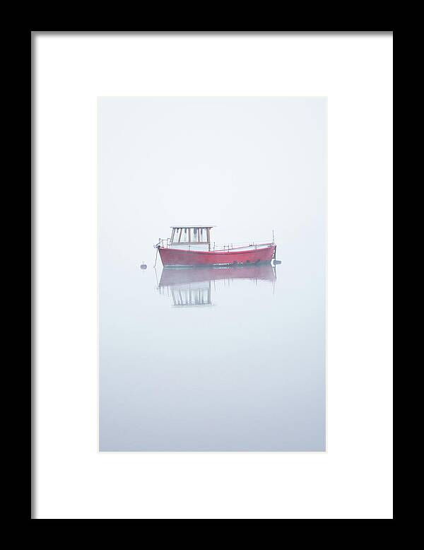 Red Boat Framed Print featuring the photograph Red Boat in the Mist, Coniston Water by Anita Nicholson