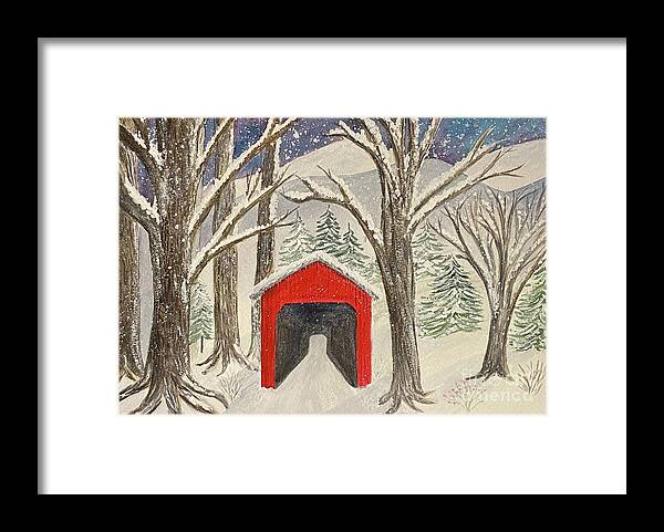 Covered Bridge Framed Print featuring the painting Red Bridge in the Snow by Lisa Neuman