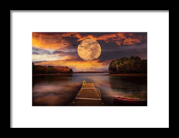 Full Framed Print featuring the photograph Red Canoe at the Moonlit Night Lake Dock by Debra and Dave Vanderlaan