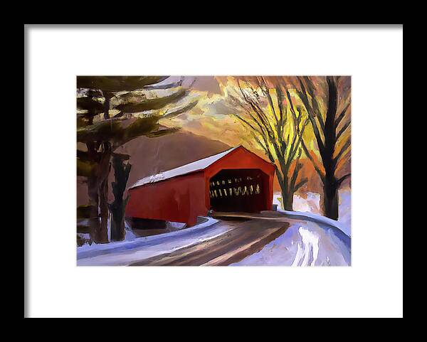 Covered Bridge Framed Print featuring the digital art Red Covered Bridge in the Winter by Alison Frank