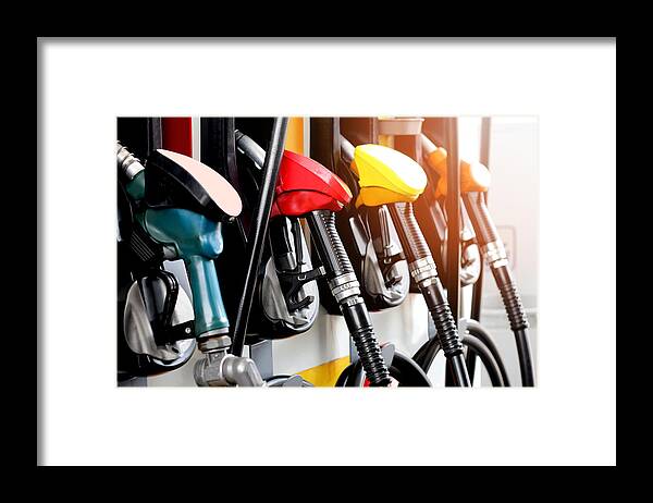 White Background Framed Print featuring the photograph Red Green Yellow Orange Color Fuel Gasoline Dispenser Background by Chutarat Sae-khow