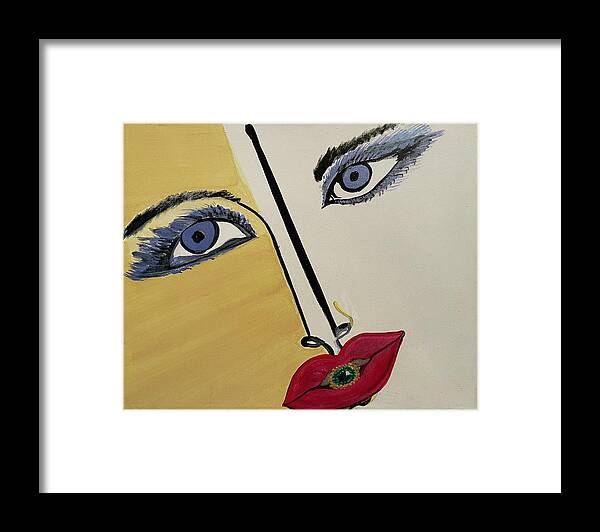 Red Framed Print featuring the painting Red Lips Plus Blue Eyes by Leslie Porter