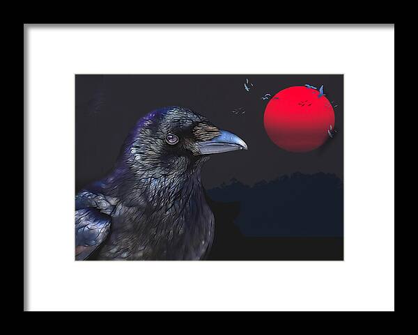 Raven Framed Print featuring the digital art Red Moon Raven by Theresa Tahara