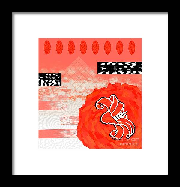 Red Framed Print featuring the digital art Red Peach Motif Collage Design for Home Decor by Delynn Addams