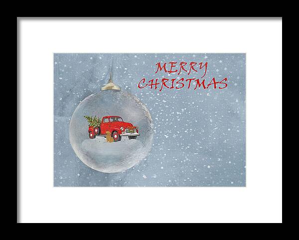 Merry Christmas Framed Print featuring the mixed media Red Pickup Truck And Christmas Tree And Dog2 Ornament Square by Sandi OReilly