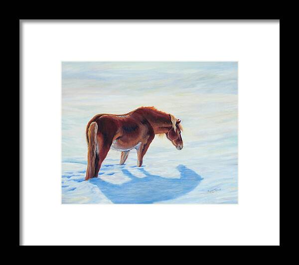 Red Pony Framed Print featuring the painting Red Pony in the Snow by Renee Forth-Fukumoto