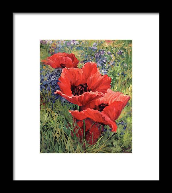 Red Poppies Framed Print featuring the painting Red Poppies and Blue Bonnets by Laurie Snow Hein