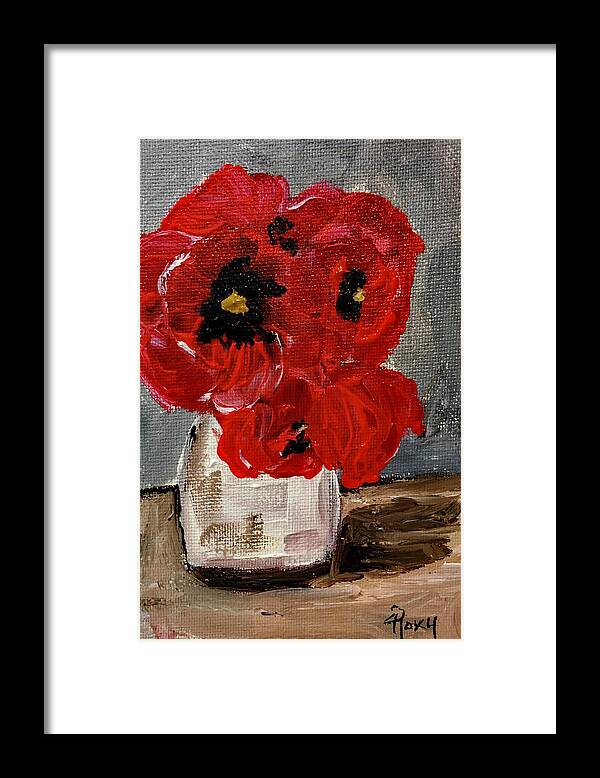 Poppies Framed Print featuring the painting Red Poppies in a White Vase by Roxy Rich