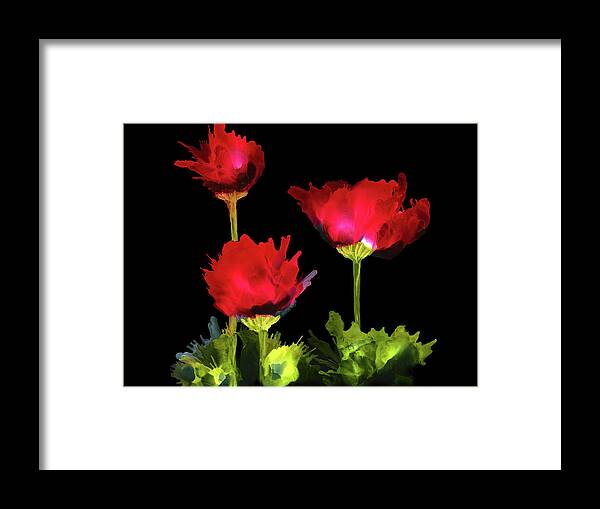 Red Framed Print featuring the painting Red Poppies on Black Background Alcohol Ink Painting by Deborah League